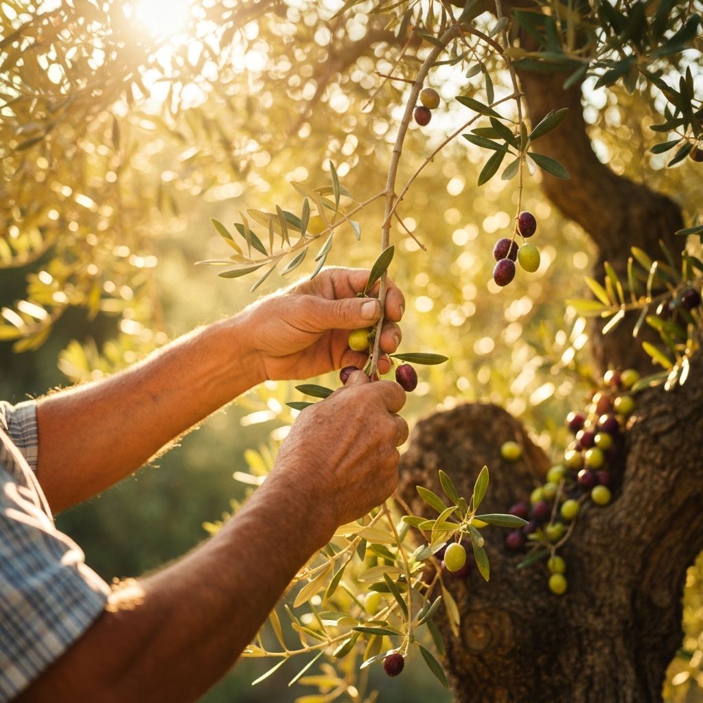 Hands harvesting olives from an ancient olive tree