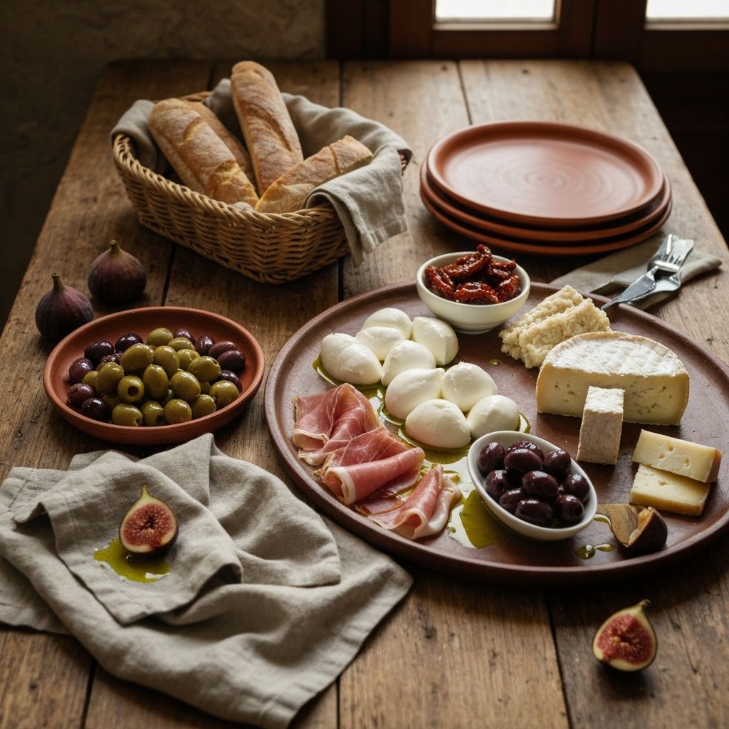 Beautiful Italian antipasti spread on a rustic table