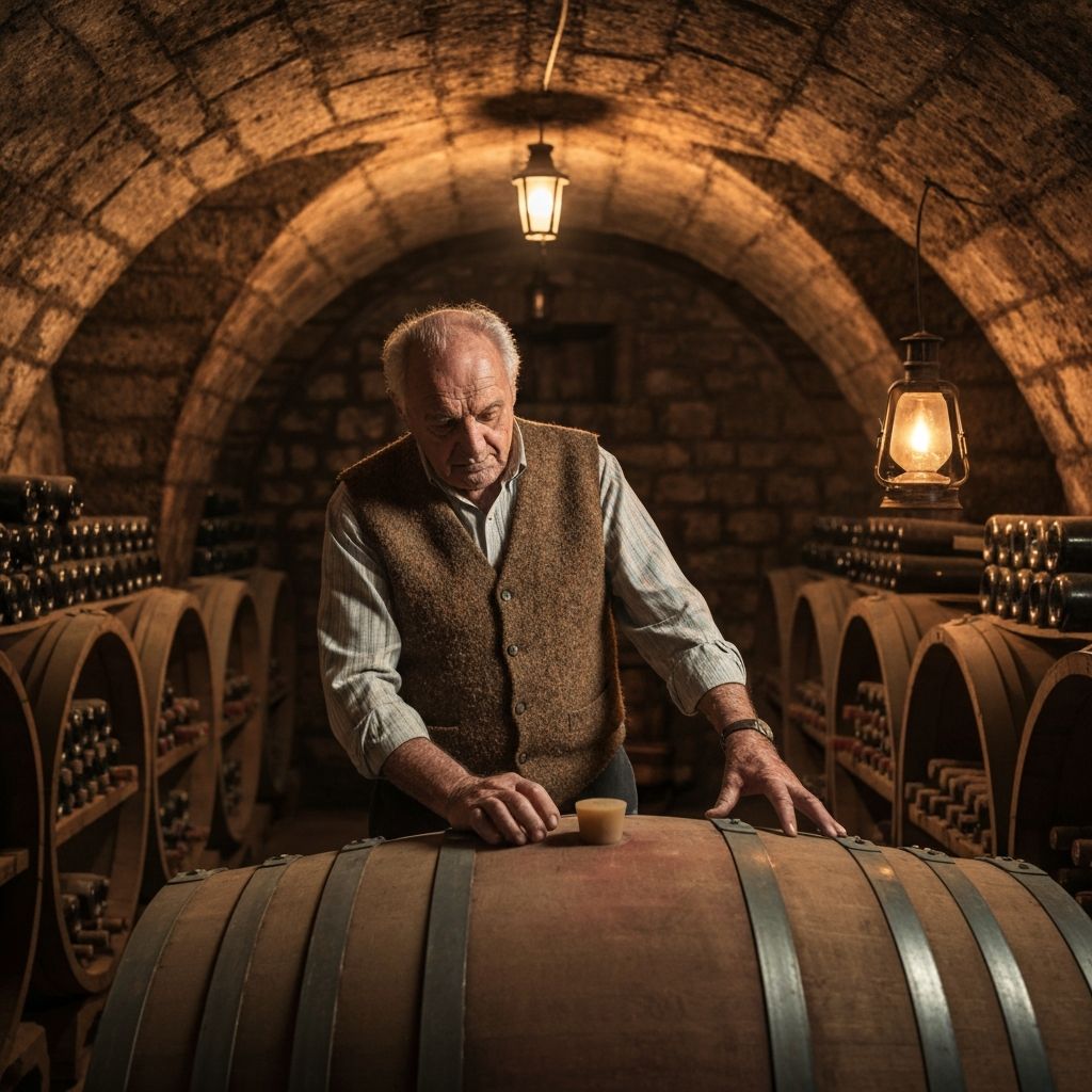 Wine cellar barrel room at a family vineyard