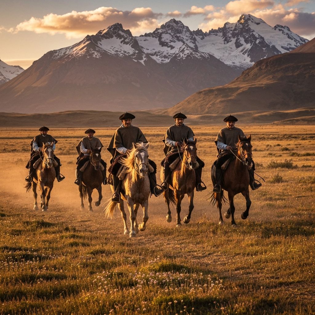 Argentine gaucho on horseback against the Andes at sunset