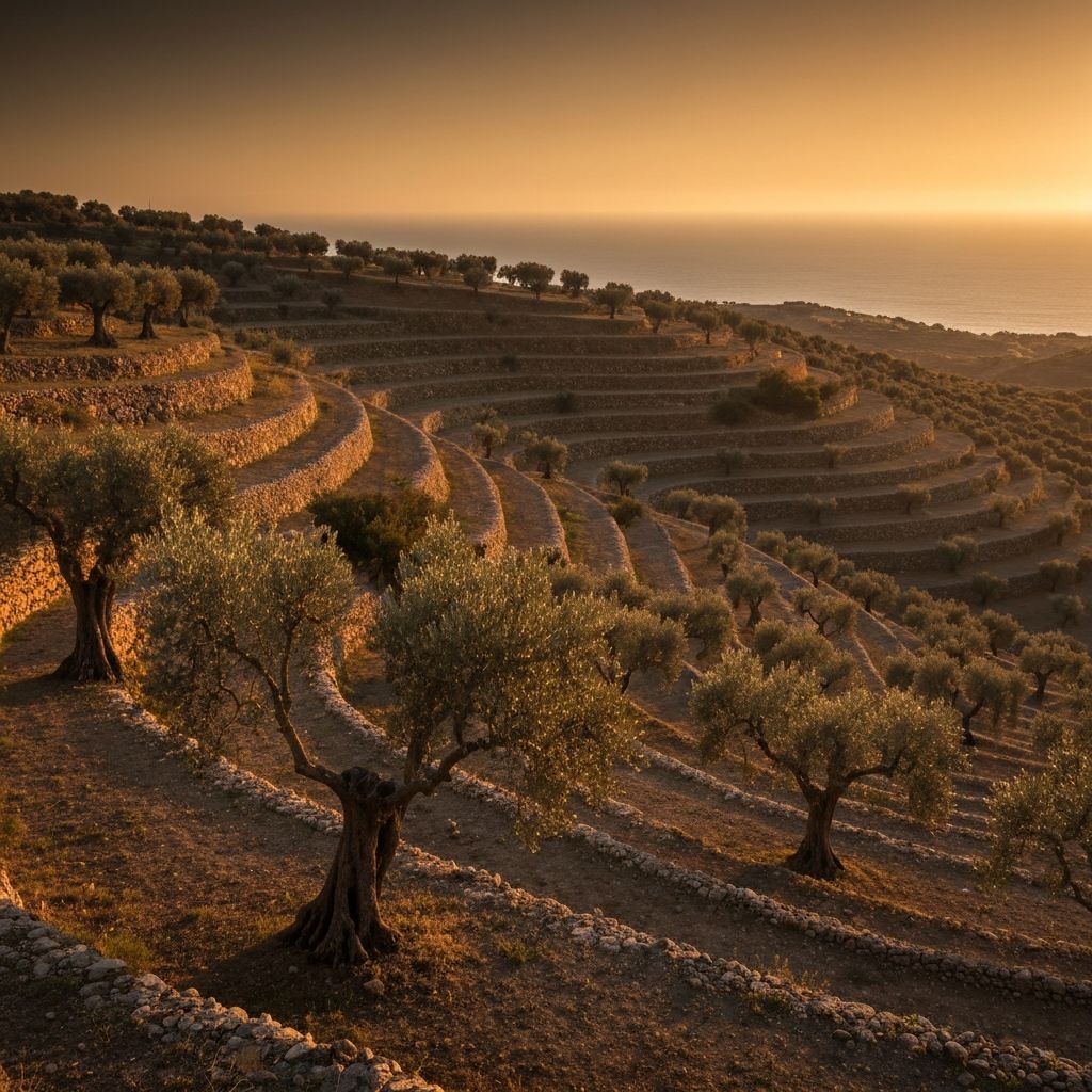 Sicilian olive groves on rolling hillsides at golden hour